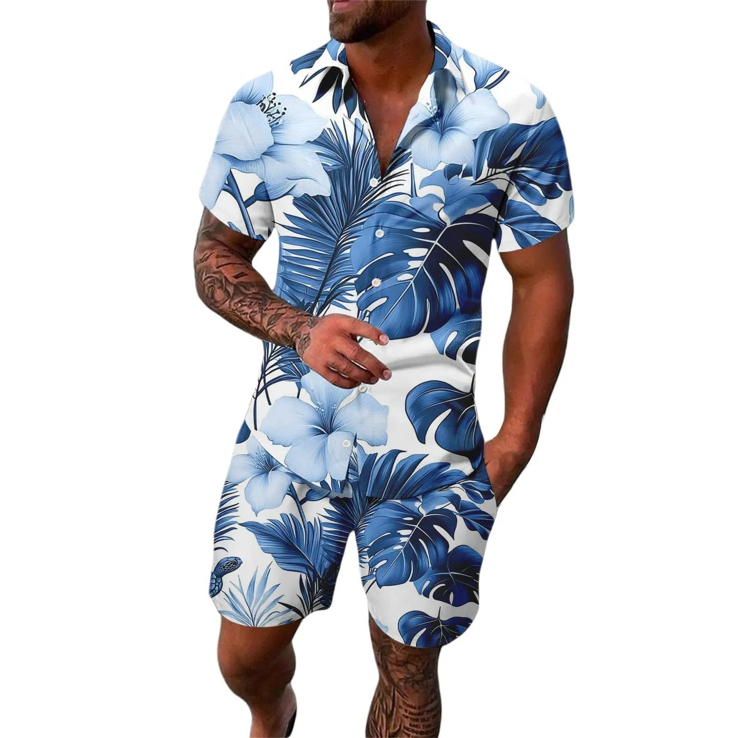 Man wearing a digitally printed short sleeve casual suit set with matching trousers.