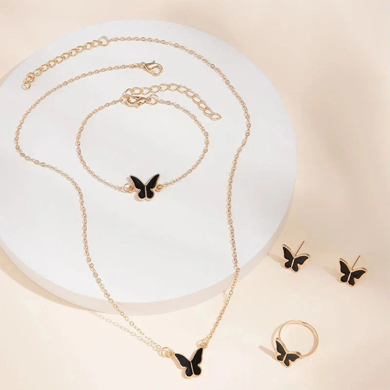 5-piece butterfly jewelry set for women, including necklace, earrings, ring, and bracelet