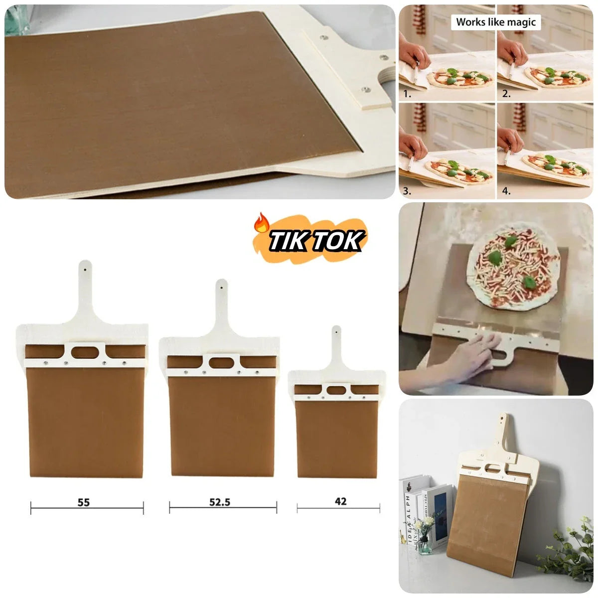 Premium natural wood pizza peel with large surface area for easy transfer of pizzas, cakes, and breads from oven to table