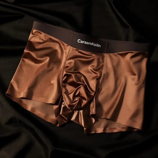 Men's colourblock Ice Silk seamless underwear in blue, brown, gray, and white on a size chart.