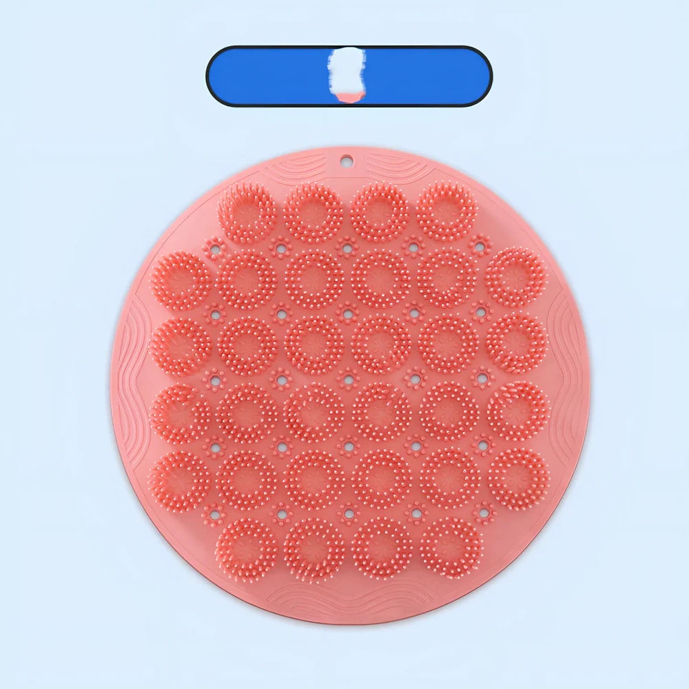 Sky blue silicone back bath brush with suction cups measuring 30x30cm