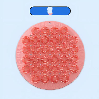 Sky blue silicone back bath brush with suction cups measuring 30x30cm
