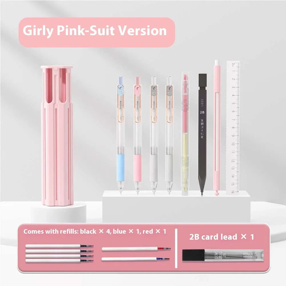 Pressing pen and plastic pencil box organiser set in sky blue, white, or pink colour options.