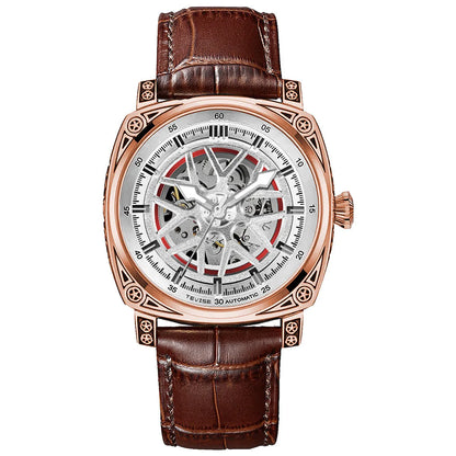 Stainless steel automatic mechanical men's watch with leather strap, 14mm thickness, available in blue, black, rose white, and white with black belt colours.