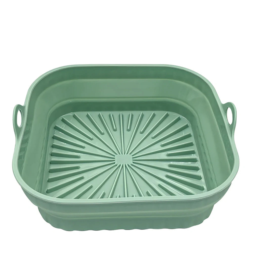 Square and round silicone air fryer liners with non-slip base in five colours including grey and pink