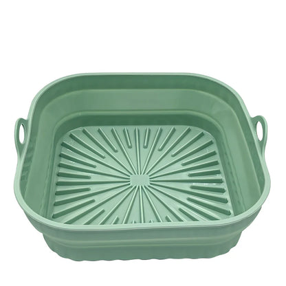 Square and round silicone air fryer liners with non-slip base in five colours including grey and pink