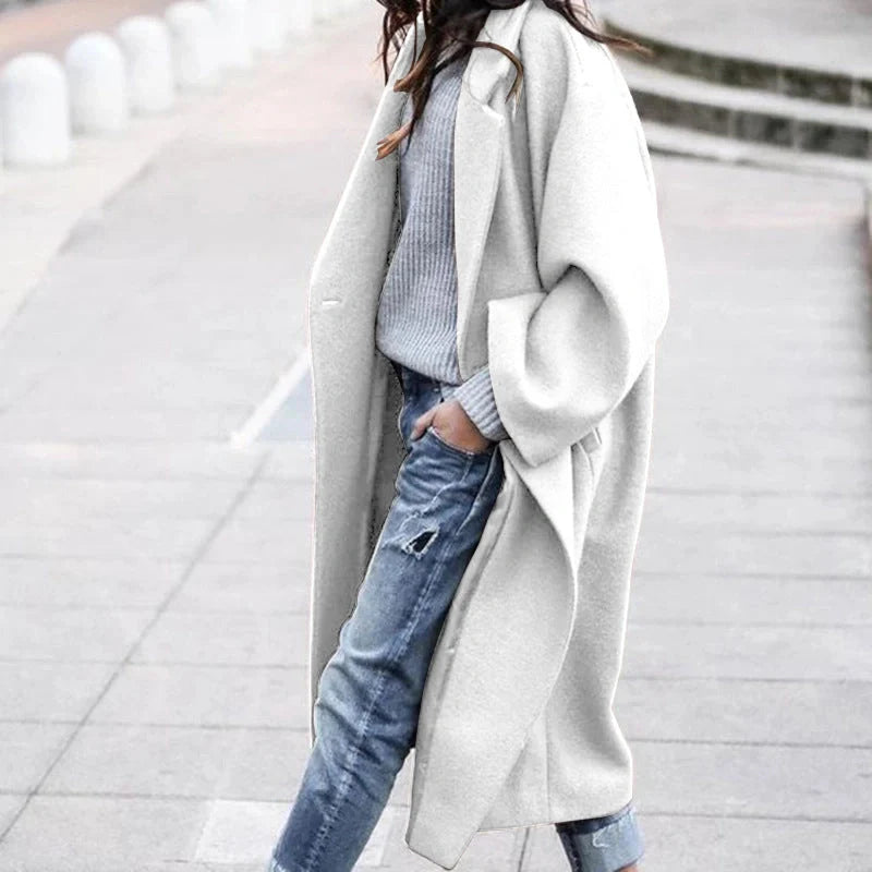 Women's solid color woolen coat with pockets for winter warmth