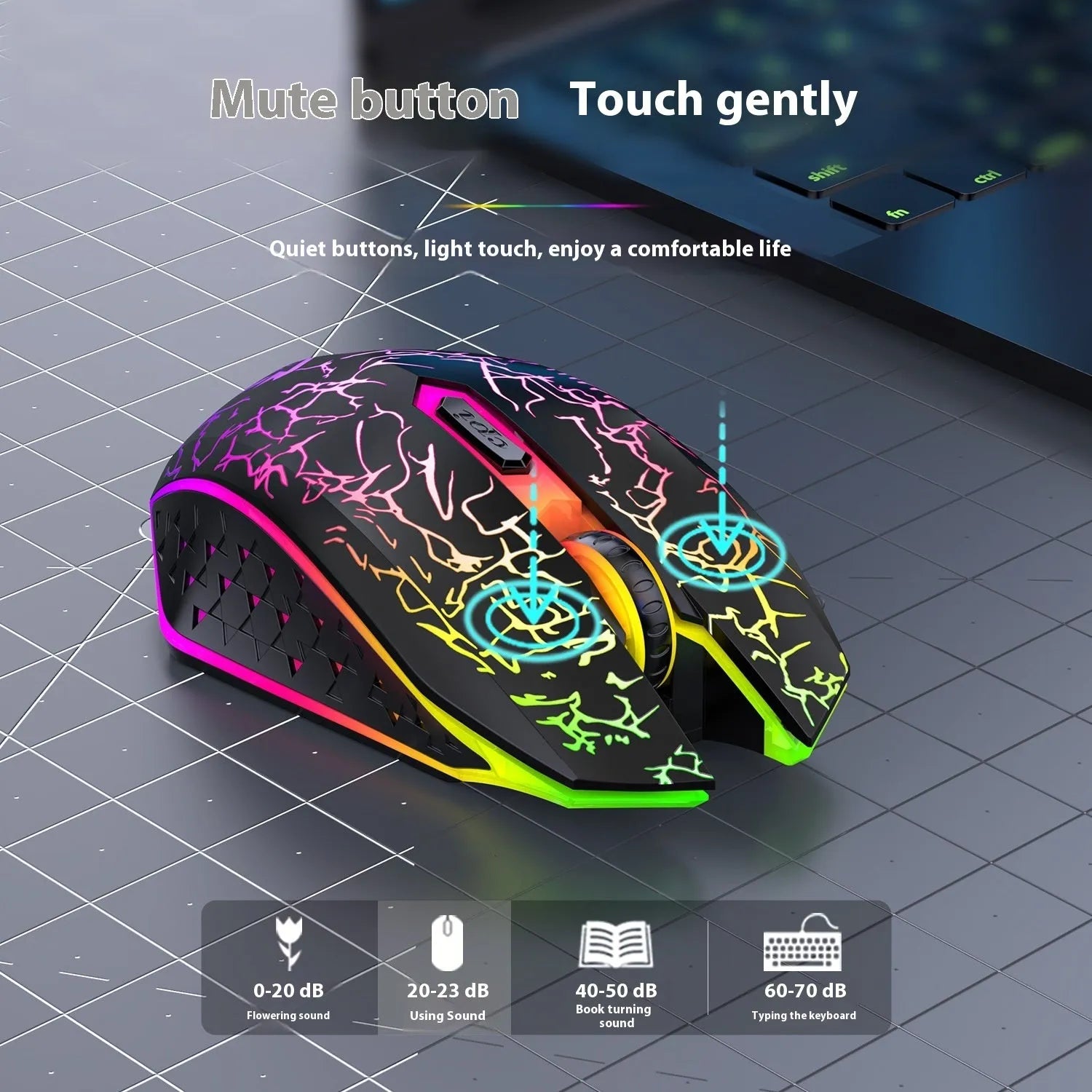 Black and White wireless gaming mouse with RGB lighting effects on desktop