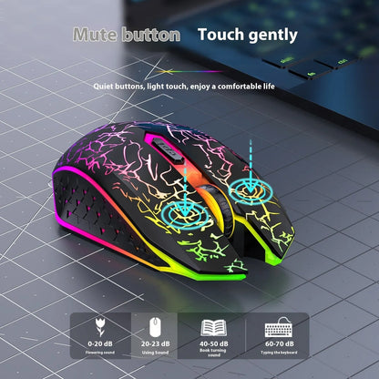 Black and White wireless gaming mouse with RGB lighting effects on desktop