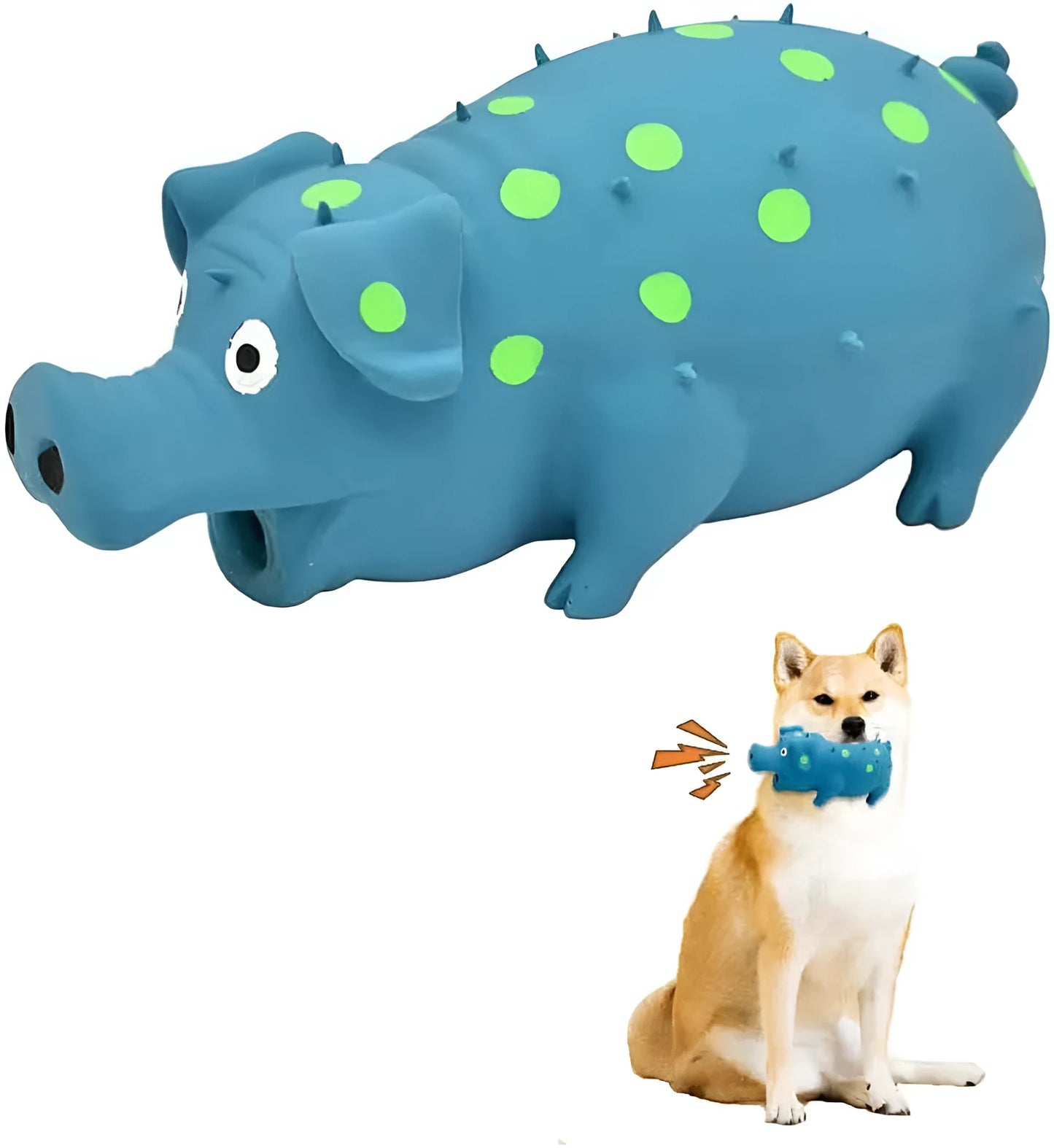 Blue latex pig-shaped dog chew toy with textured surface measuring 20x10cm