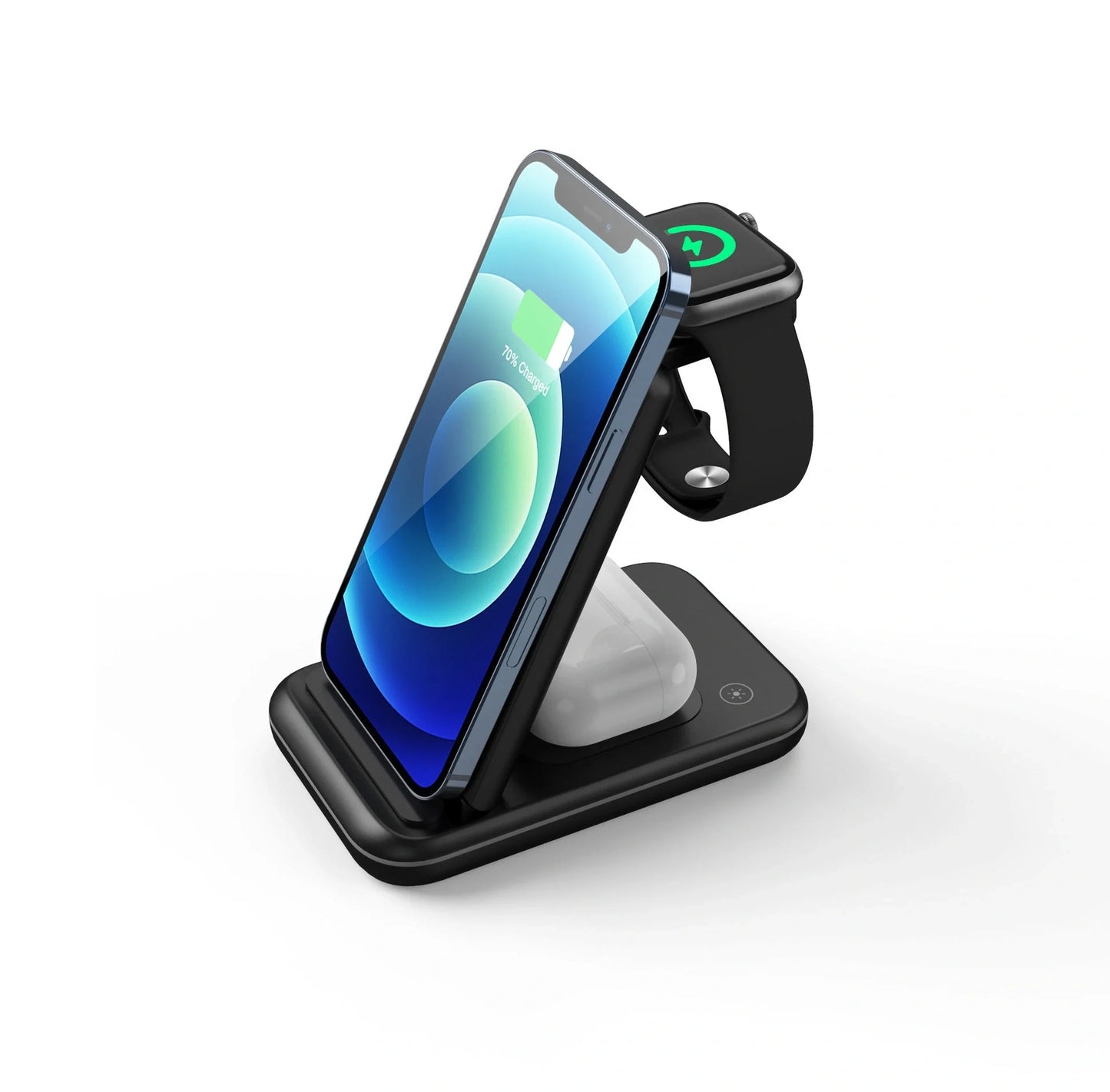 Folding Three-in-One Wireless Charger with smart cooling fan in black