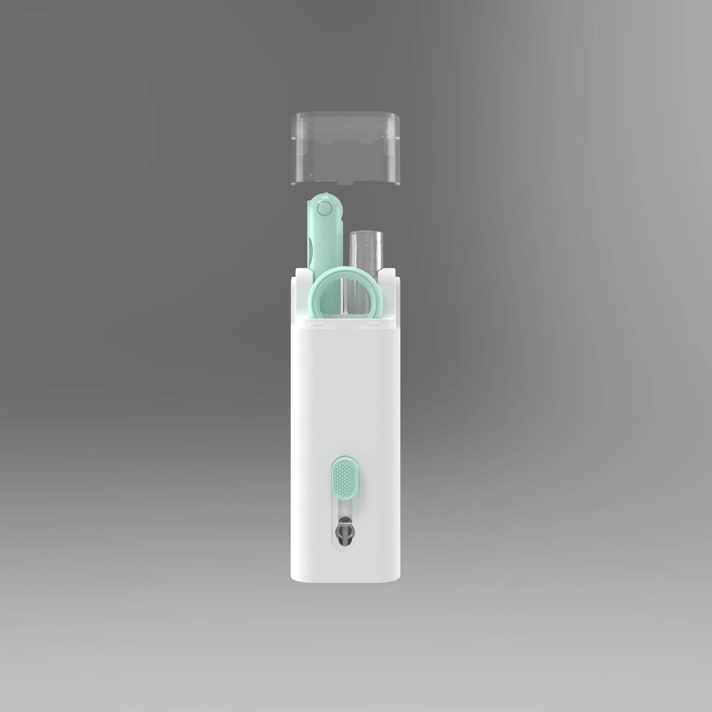 Multifunctional white cleaning pen kit open to show silicone tip, brush, keycap puller, and spray bottle for electronics.