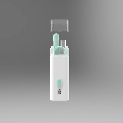 Multifunctional white cleaning pen kit open to show silicone tip, brush, keycap puller, and spray bottle for electronics.