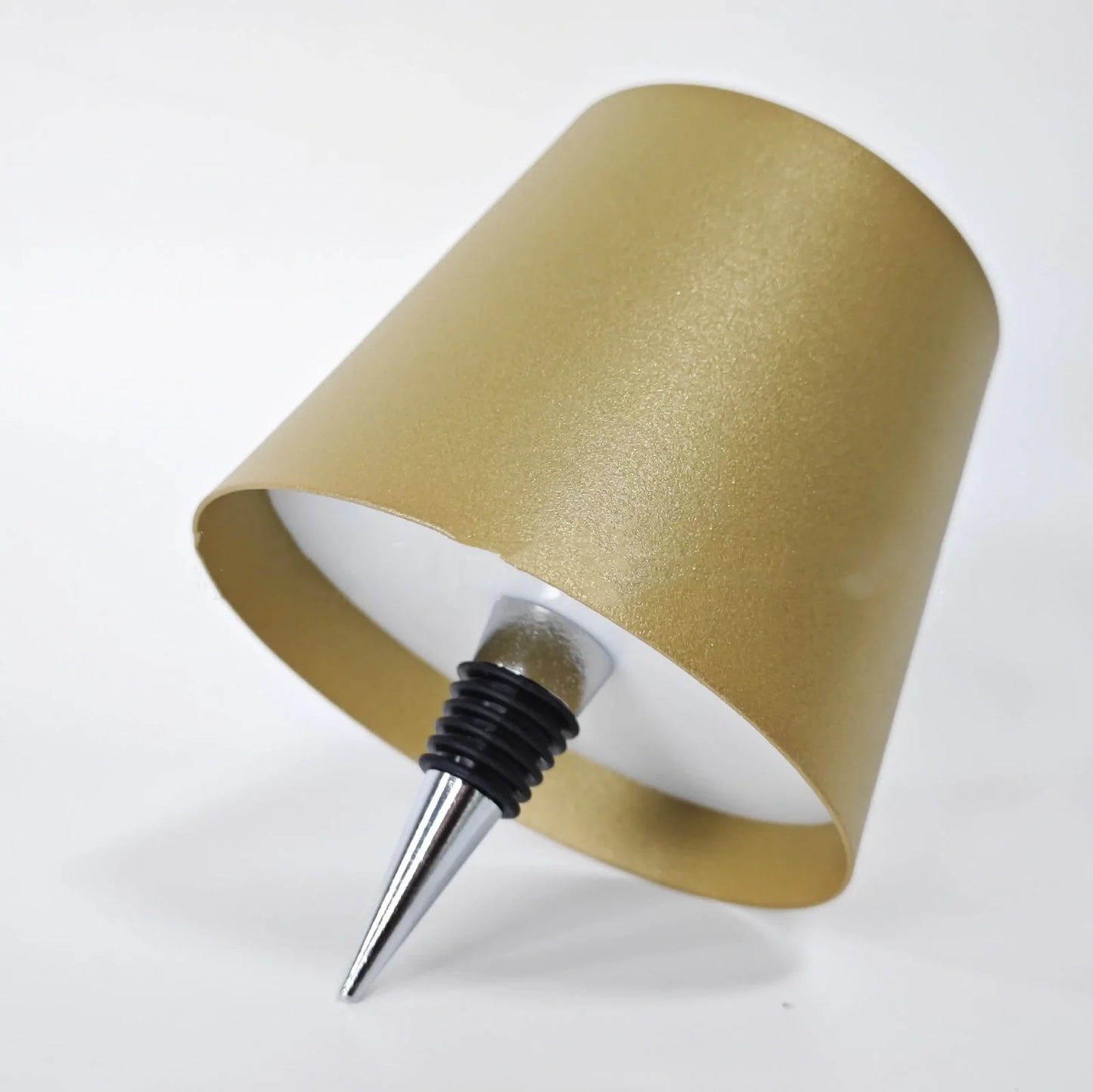 Wireless LED desk lamp with wine bottle design showing detachable components and touch control panel
