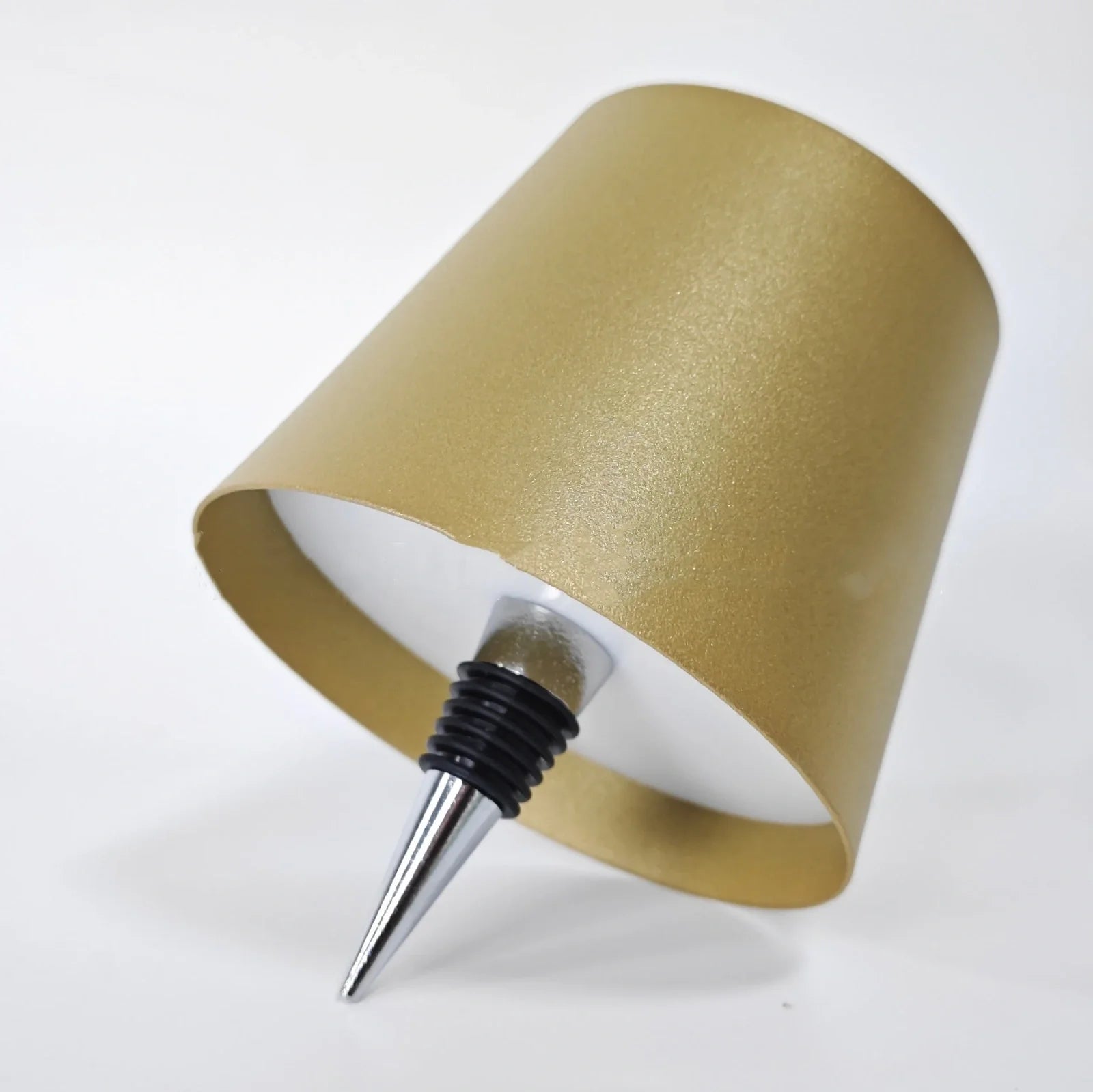 Wireless LED desk lamp with wine bottle design showing detachable components and touch control panel