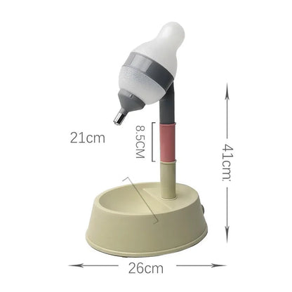 Adjustable height all-in-one pet waterer and feeder for cats and dogs, shown in grey or pink