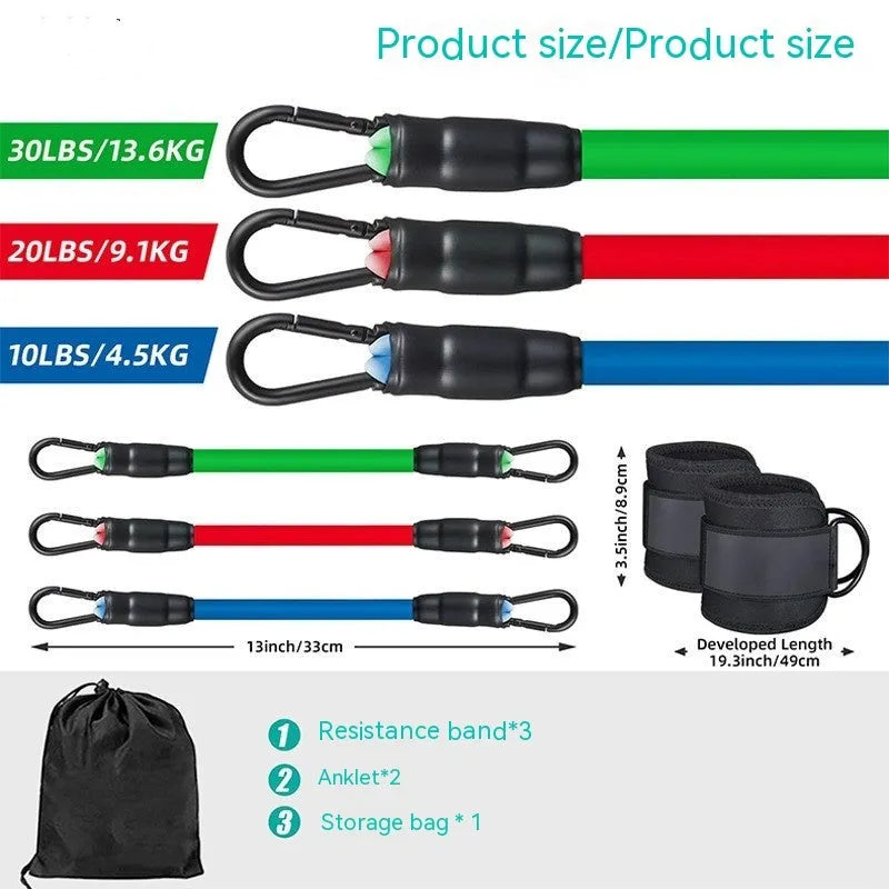 TPE resistance band set with 10, 20, 30 pound options and ankle buckle design for hip and leg exercises