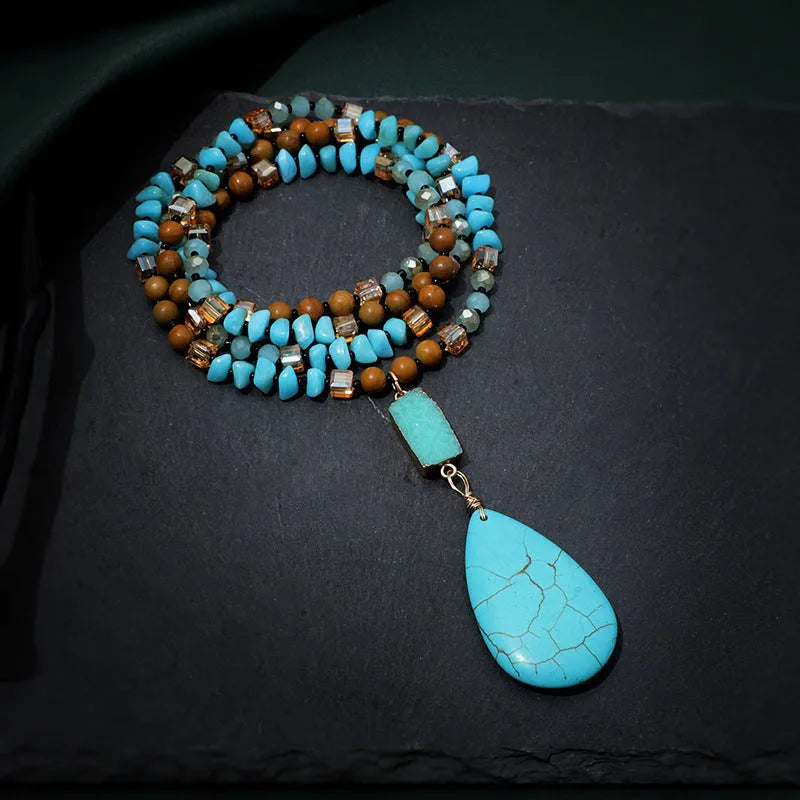 Blue turquoise heart-shaped pendant on ball bead chain with water drop geometry and adjustable 81cm length