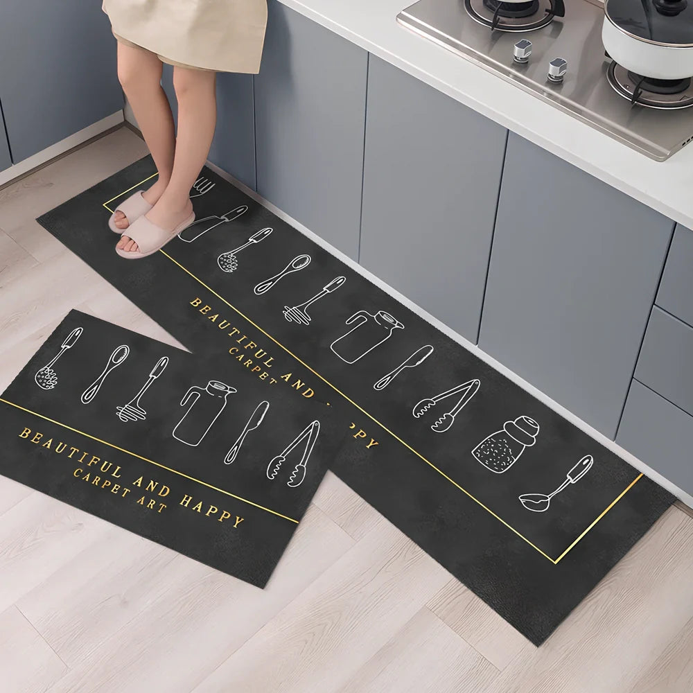 Rectangular polyester kitchen floor mat with machine-woven texture in modern design