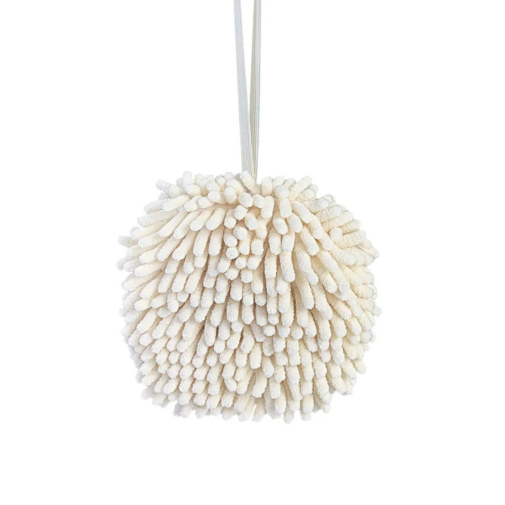 Beige chenille hanging hand towel with integrated loop for quick drying
