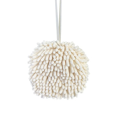 Beige chenille hanging hand towel with integrated loop for quick drying