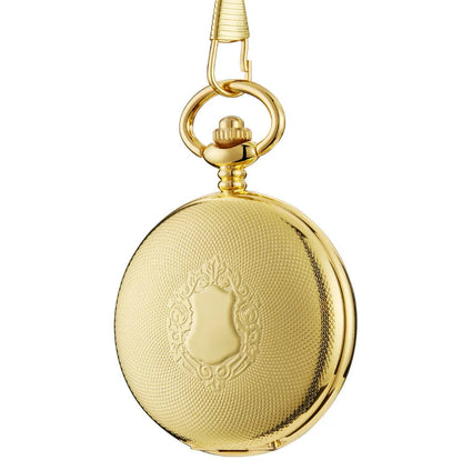 Retro automatic pocket watch with floral print dial and transparent case back showing mechanical movement.