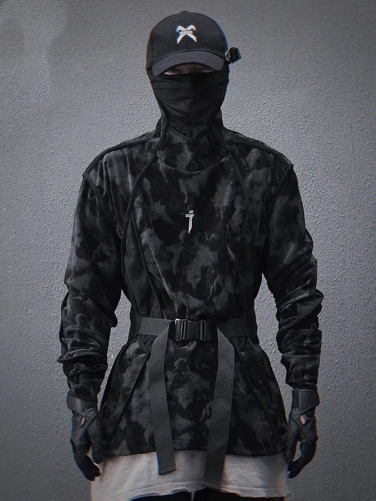 Men's black tie-dye finger turtleneck sweater with drop-shoulder sleeves and full print pattern