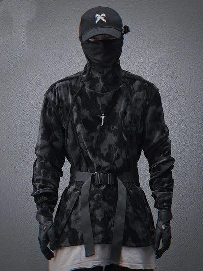 Men's black tie-dye finger turtleneck sweater with drop-shoulder sleeves and full print pattern
