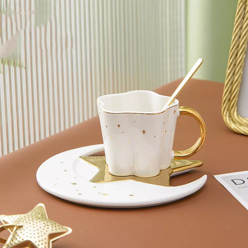 Ceramic cup set with star and moon saucer, 120ML capacity, porcelain material