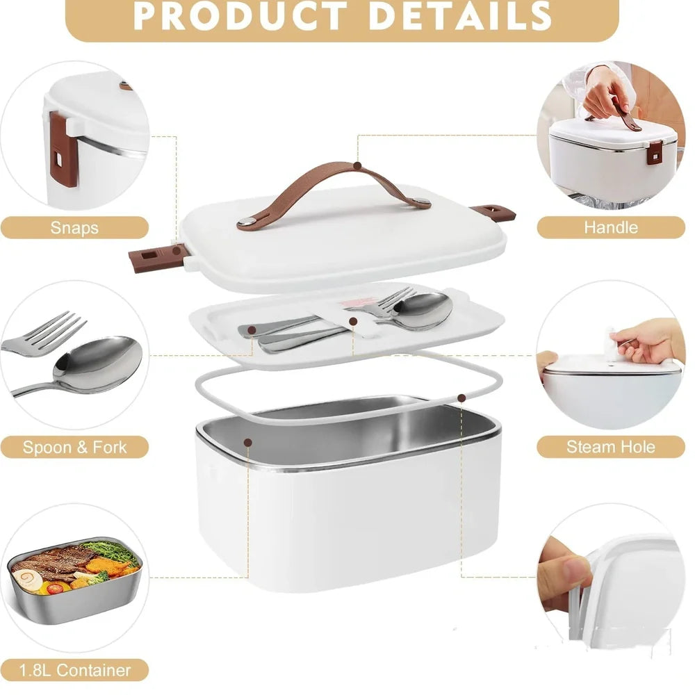 White car heating lunch box with stainless steel interior showing power cords and utensils