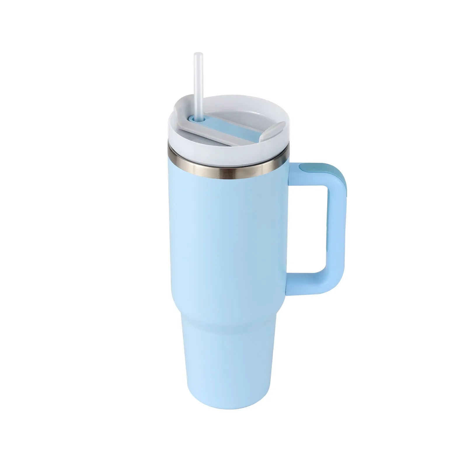 40 oz stainless steel insulated tumbler with handle and straw in tapered mug design