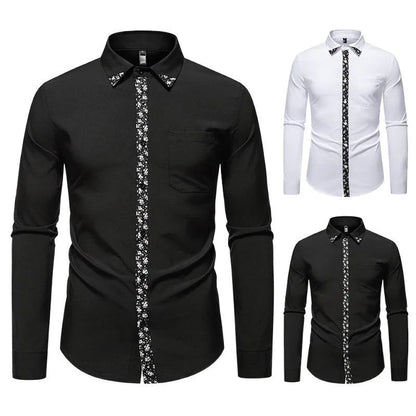 Men's long sleeve polyester shirt in white or black with slim fit and colour block cardigan-style design