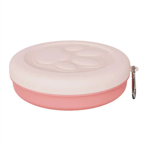 Collapsible dog food bowl showing expanded and folded positions with leak-proof silicone base