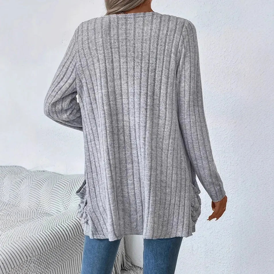 Solid colour long sleeve cardigan with pockets in Granny Grey, loose fit design