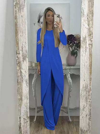 Casual black polyester two-piece lounge set with long sleeves and loose fit trousers on a hanger.
