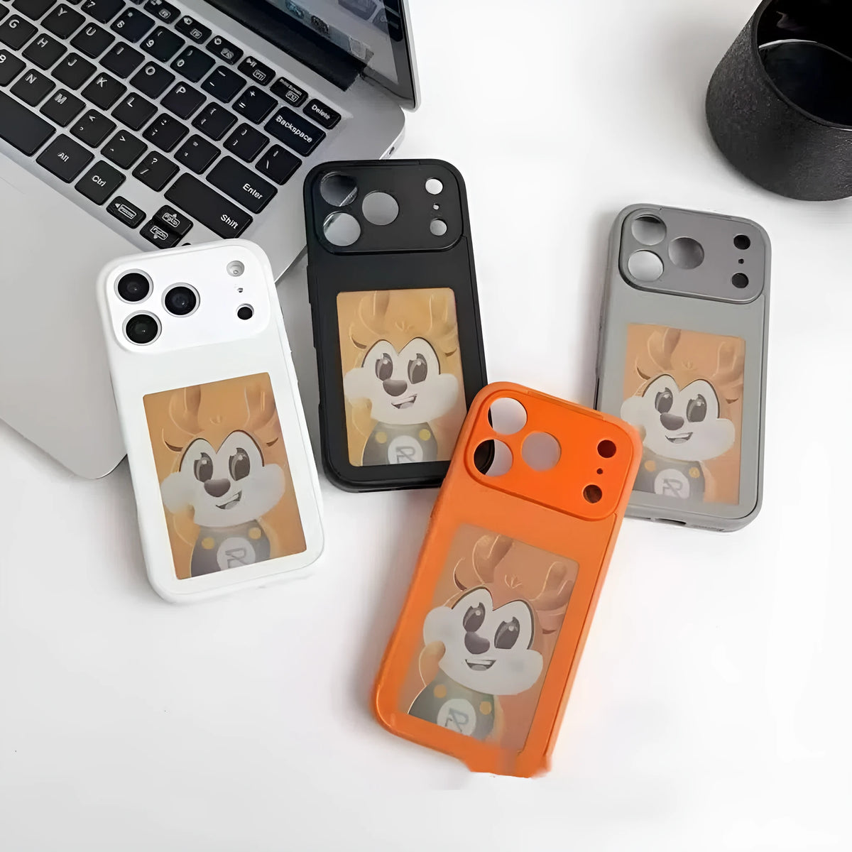 E-Ink screen phone case for iPhone 17 series in black, white, gray or orange, made of TPU and PC.