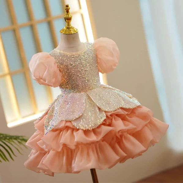 Girls' orange sequin princess dress with puff sleeves, shown in seven height options from 100cm to 160cm
