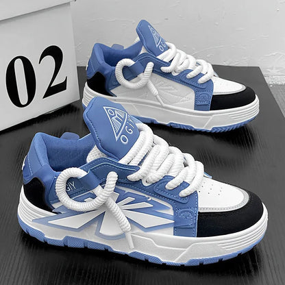 Men's white clunky sneakers with cartoon totem patterns, low-top design, and rubber soles for casual leisure wear