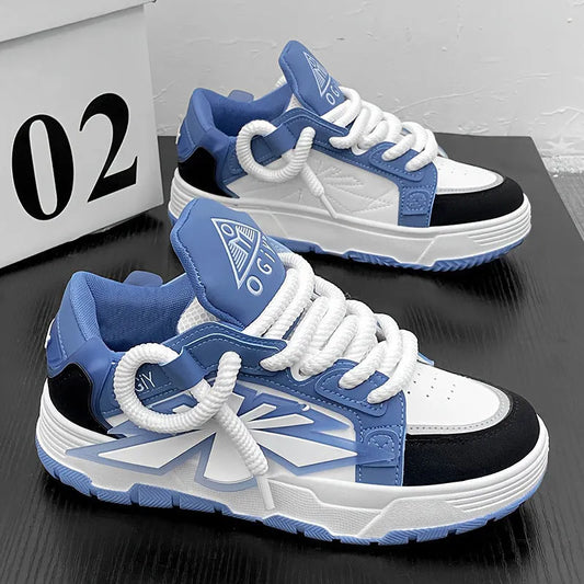 Men's white clunky sneakers with cartoon totem patterns, low-top design, and rubber soles for casual leisure wear
