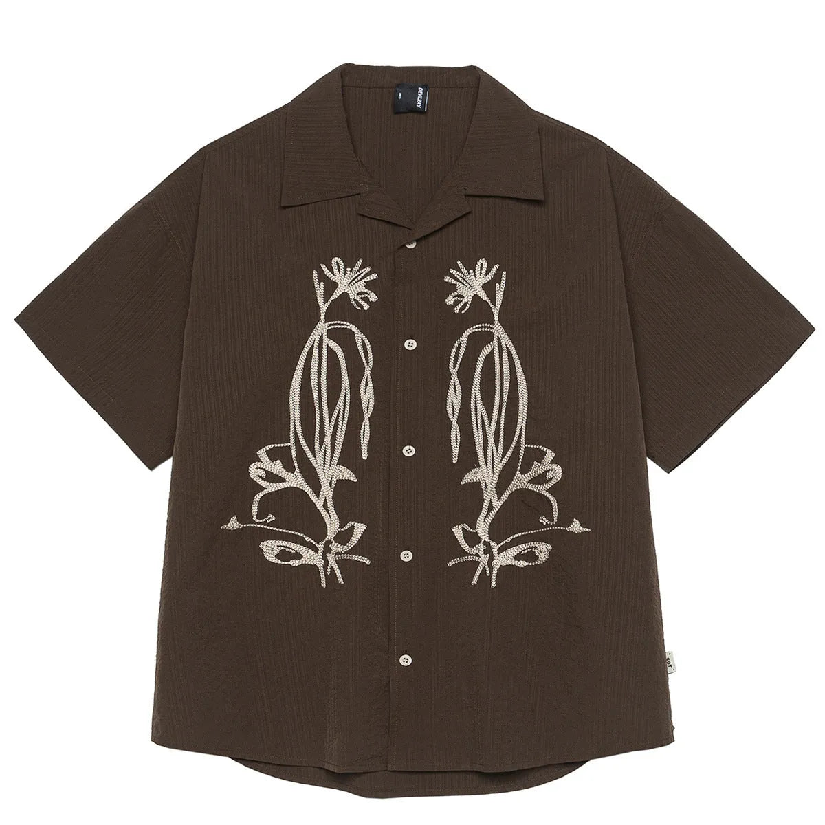 Brown striped Cuban collar short sleeve outdoor shirt made from quick-dry polyester.