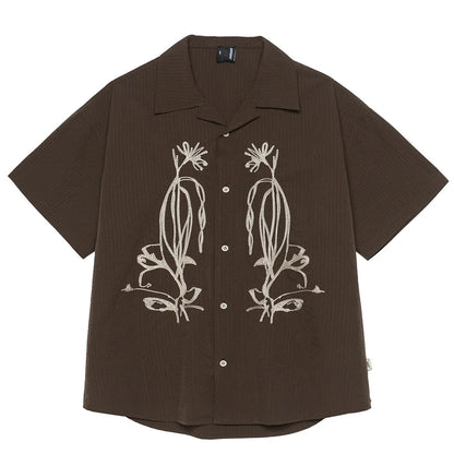 Brown striped Cuban collar short sleeve outdoor shirt made from quick-dry polyester.