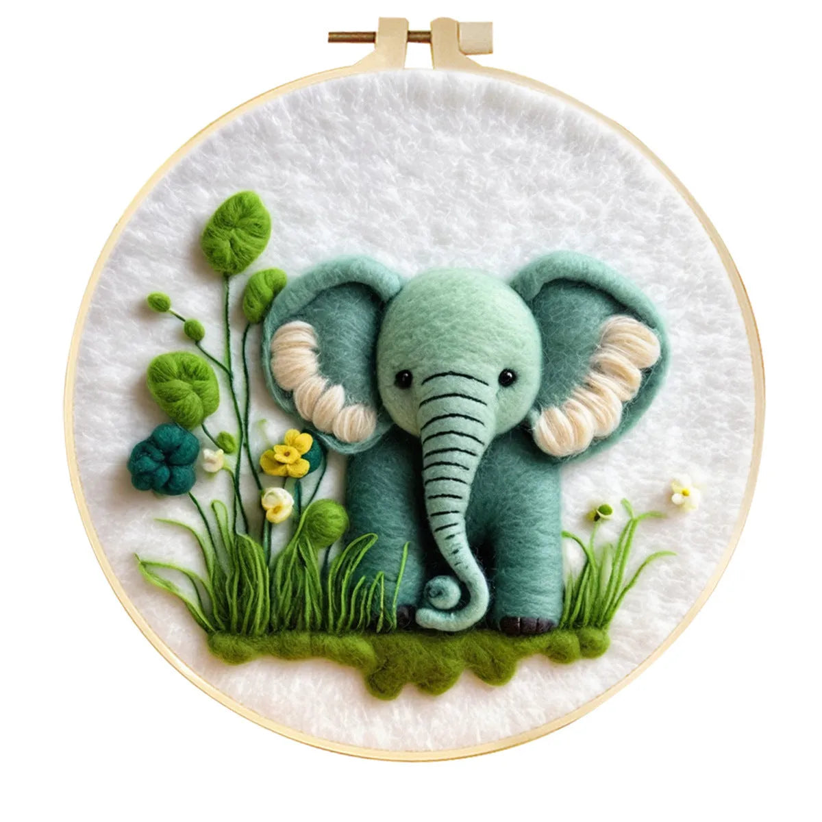 Round fabric embroidery kit with 20x20cm linen frame and wool felt for three-dimensional floral artwork