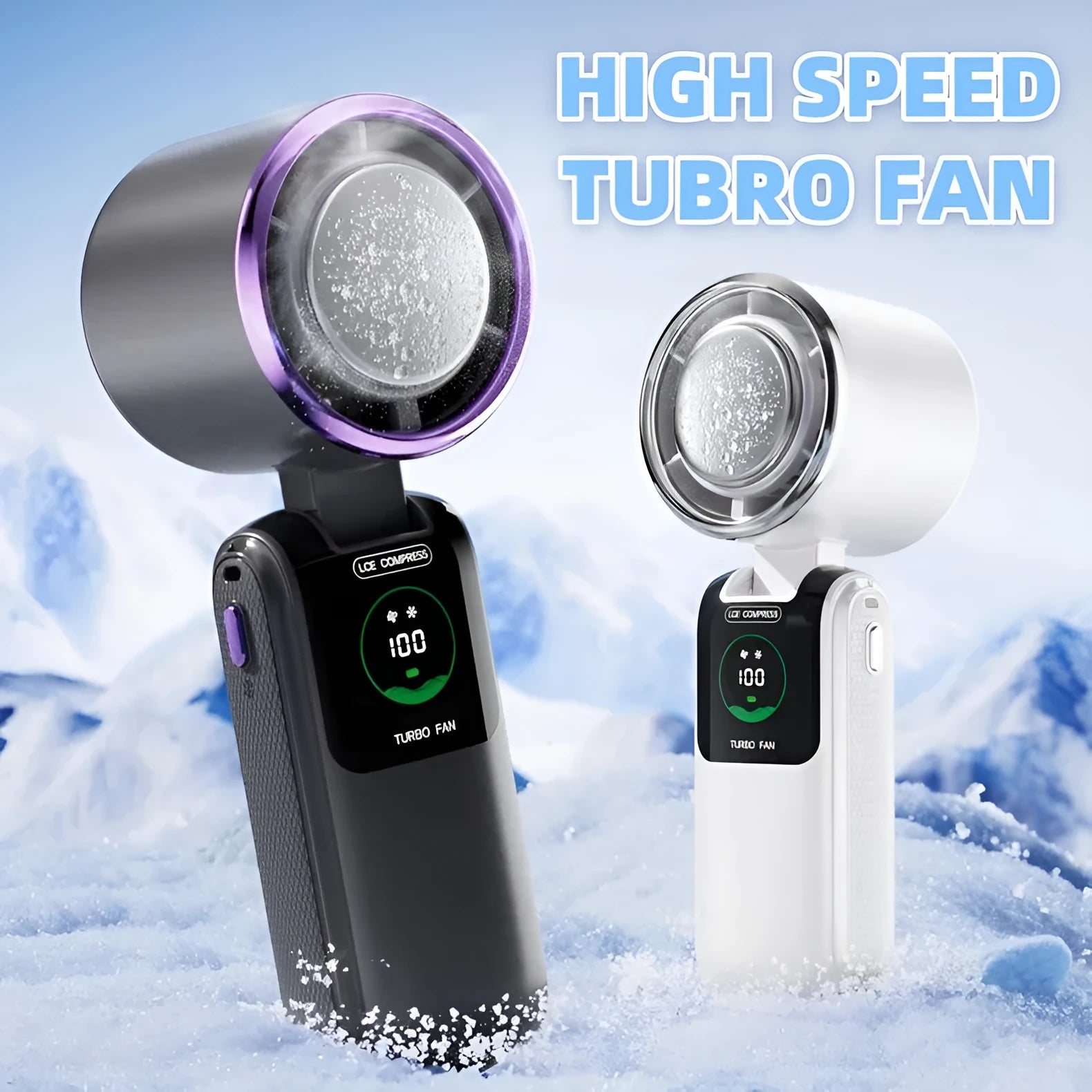 Blue USB rechargeable handheld folding fan with a neck strap and speed control buttons