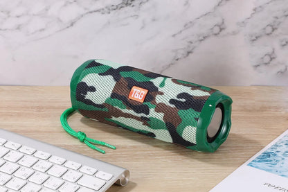 Fabric portable Bluetooth speaker with card holder in blue colour showing compact 182×73.5×69.2mm dimensions