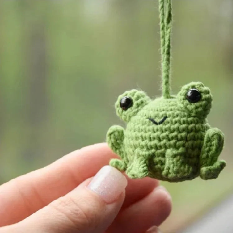 Handmade woven frog car pendant in plush material measuring 5cm wide