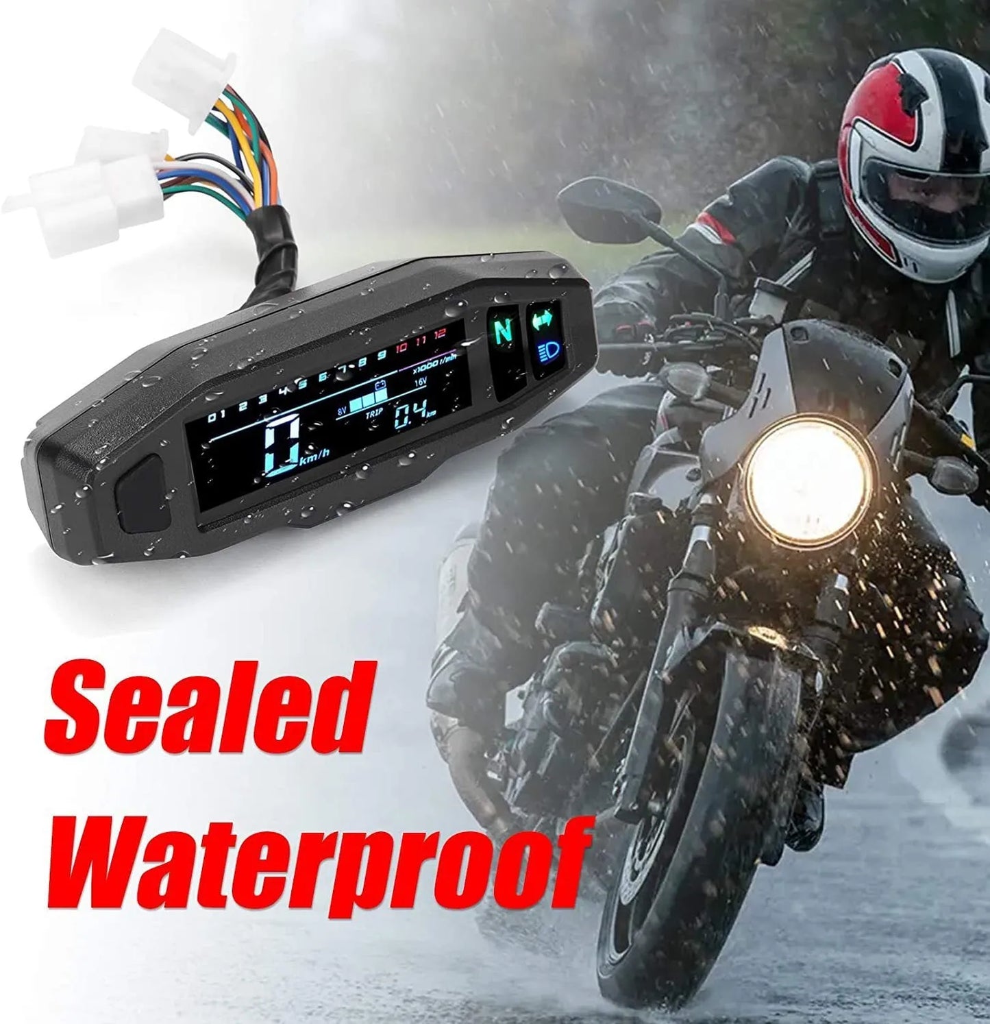 Black motorcycle mini speedometer with LCD display, measuring 141mm x 45mm, showing speed and fuel gauges
