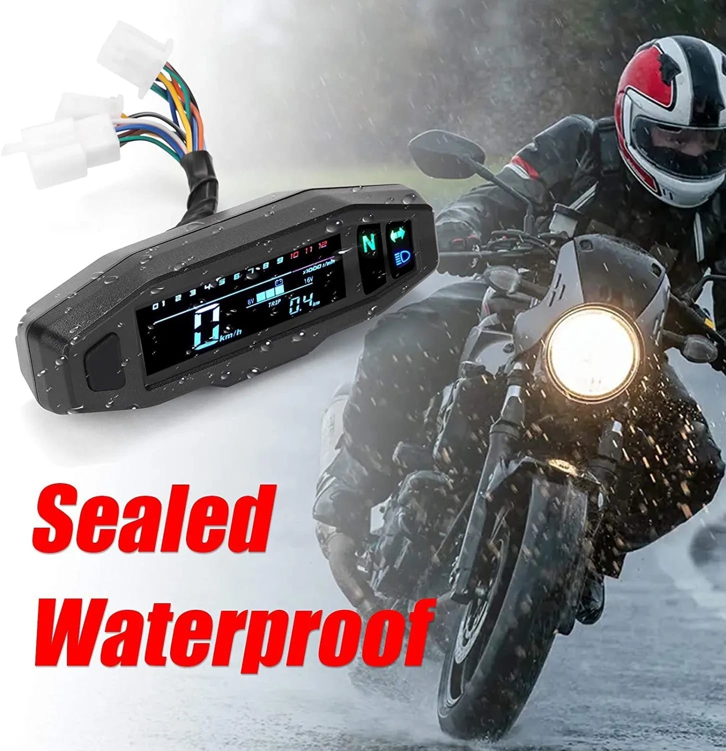Black motorcycle mini speedometer with LCD display, measuring 141mm x 45mm, showing speed and fuel gauges