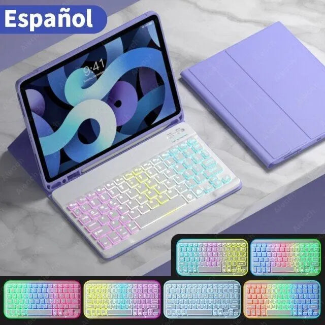 iPad in a black TPU leather case with a built-in luminous RGB backlit Bluetooth keyboard and a stand open.