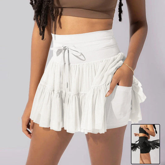 Stylish high-waist pleated mini skirt with lace-up design and built-in anti-exposure safety shorts, available in a variety of vibrant colors.