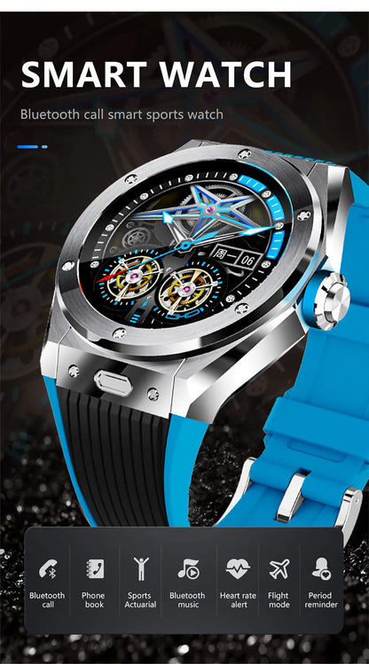 Black Bluetooth smart watch with 1.28-inch screen showing heart rate display on silicone sport strap